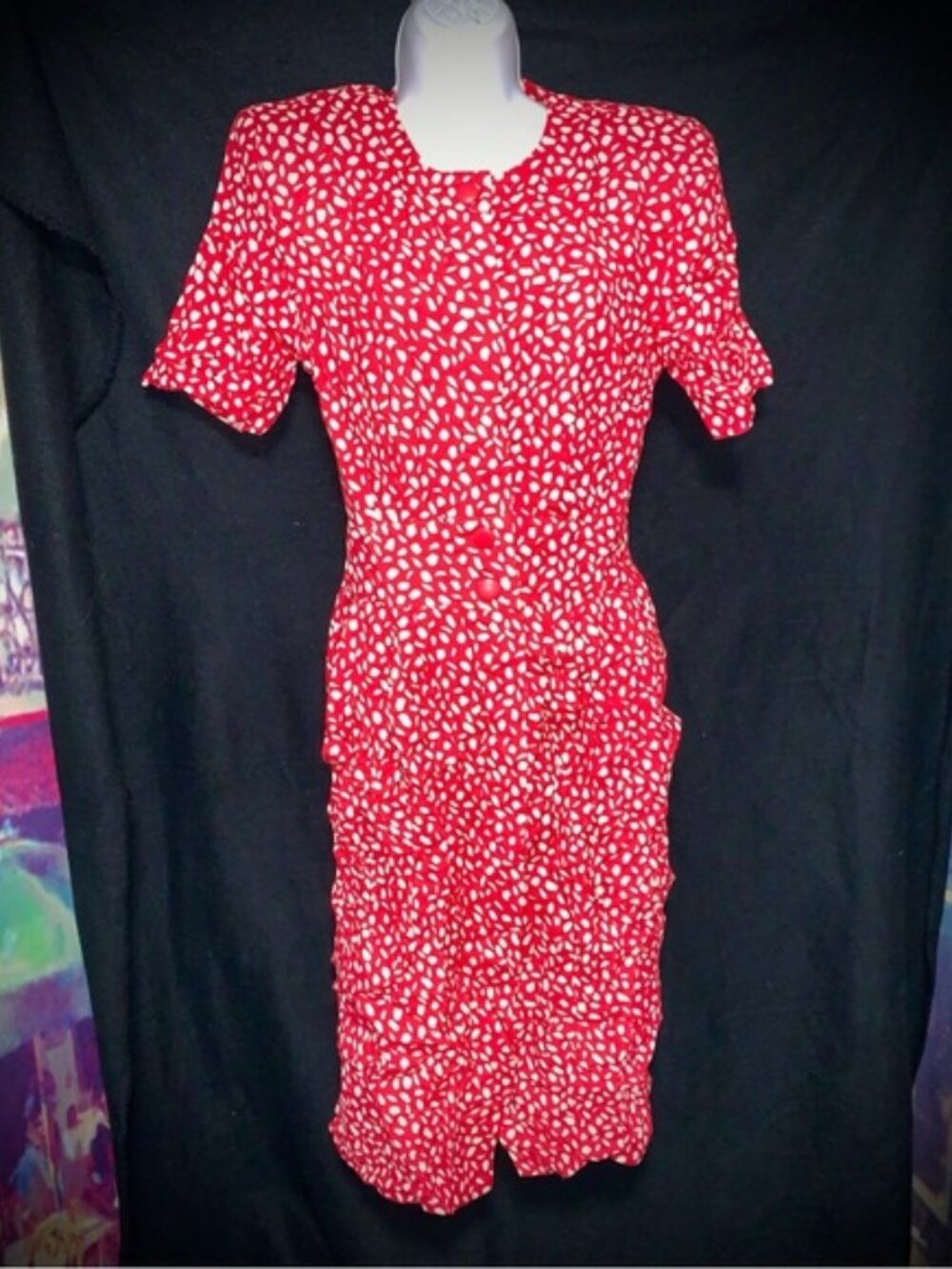Vintage Karin Stevens Red Polka Dot Dress Petite Size 8 Shoulder Pads Pockets